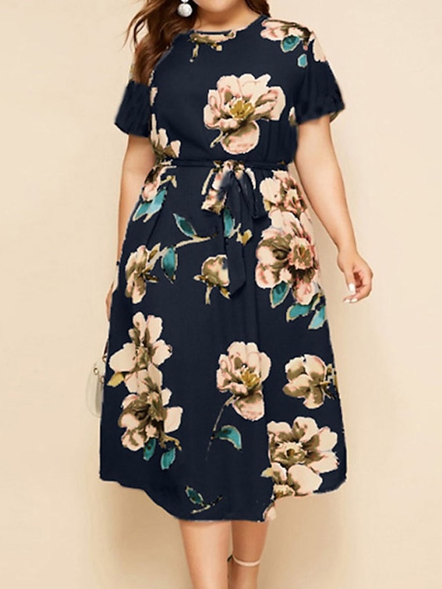 Womens Clothing Plus Size Collection | Womens Plus Size A Line Dress Floral Round Neck Print Short Sleeve Spring Summer Work Cas