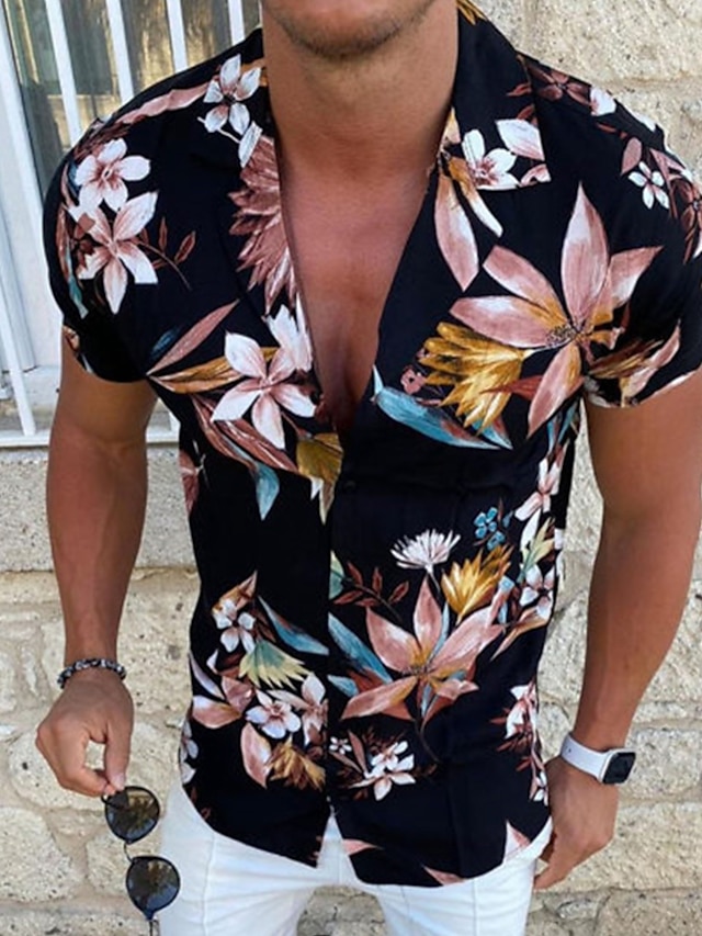  Men's Summer Hawaiian Shirt Shirt Print Floral Graphic Patterned Hawaiian Aloha Design Turndown Street Casual Button-Down Short Sleeve Tops Designer Casual Fashion Breathable Light Yellow Light Pink
