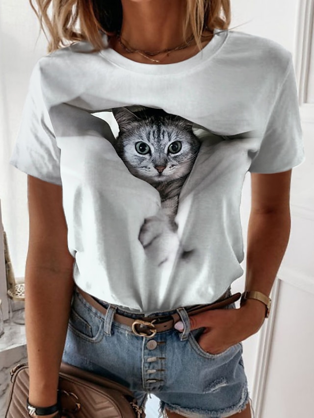  Women's T shirt Tee Cat 3D Casual Weekend 3D Cat Painting Short Sleeve T shirt Tee Round Neck Print Basic Essential White S / 3D Print
