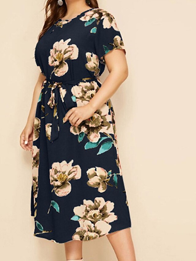 Womens Clothing Plus Size Collection | Womens Plus Size A Line Dress Floral Round Neck Print Short Sleeve Spring Summer Work Cas