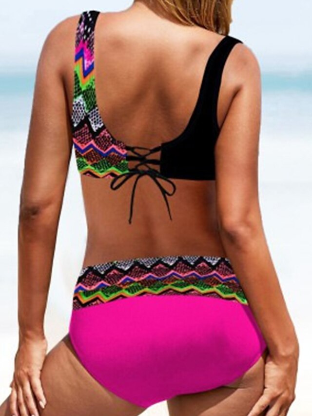 Womens Clothing Womens Swimwear | Womens Swimwear Bikini 2 Piece Normal Swimsuit Backless Printing Striped Color Block Fuchsia V