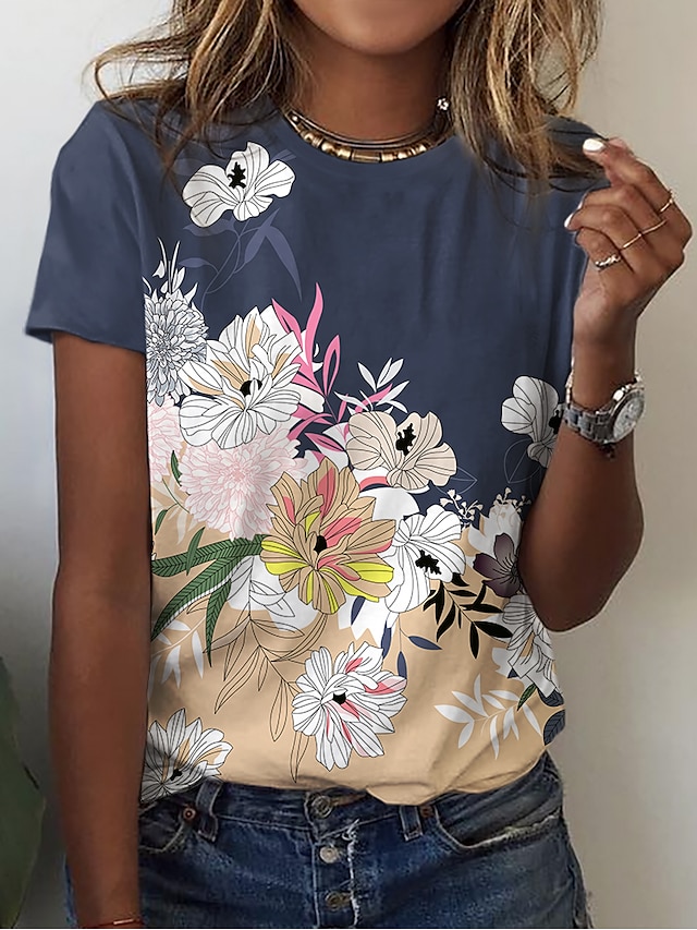 Womens Clothing Womens Tops | Womens Casual Holiday Weekend Floral Painting T shirt Tee Floral Short Sleeve Print Round Neck Bas