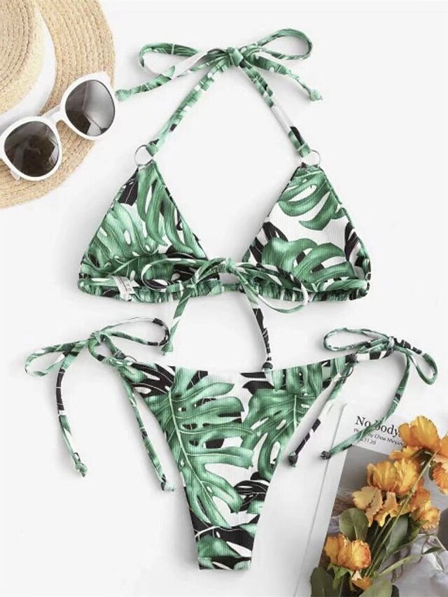 Womens Clothing Womens Swimwear | Womens Swimwear Bikini 2 Piece Normal Swimsuit Open Back Printing string Floral Tie Dye Green 