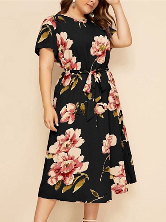 Womens Clothing Plus Size Collection | Womens Plus Size A Line Dress Floral Round Neck Print Short Sleeve Spring Summer Work Cas