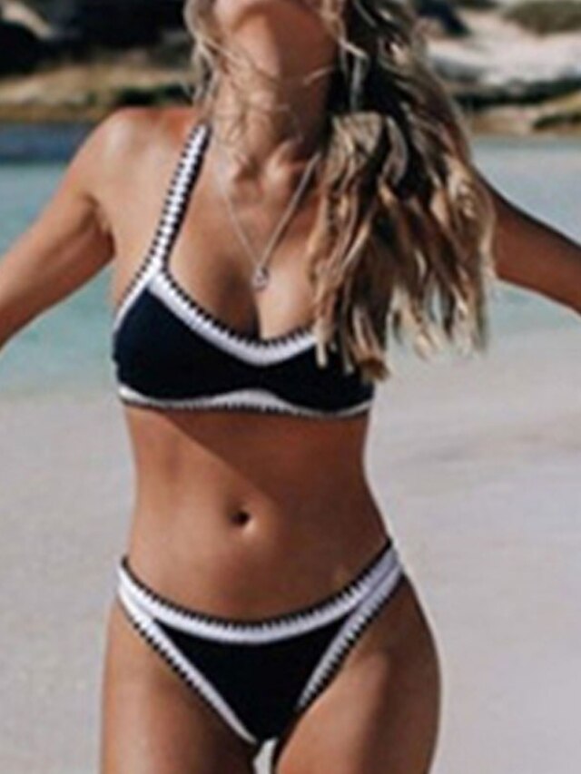 Womens Clothing Womens Swimwear | Womens Swimwear Bikini 2 Piece Normal Swimsuit Backless 2 Piece Striped Color Block Black Stra