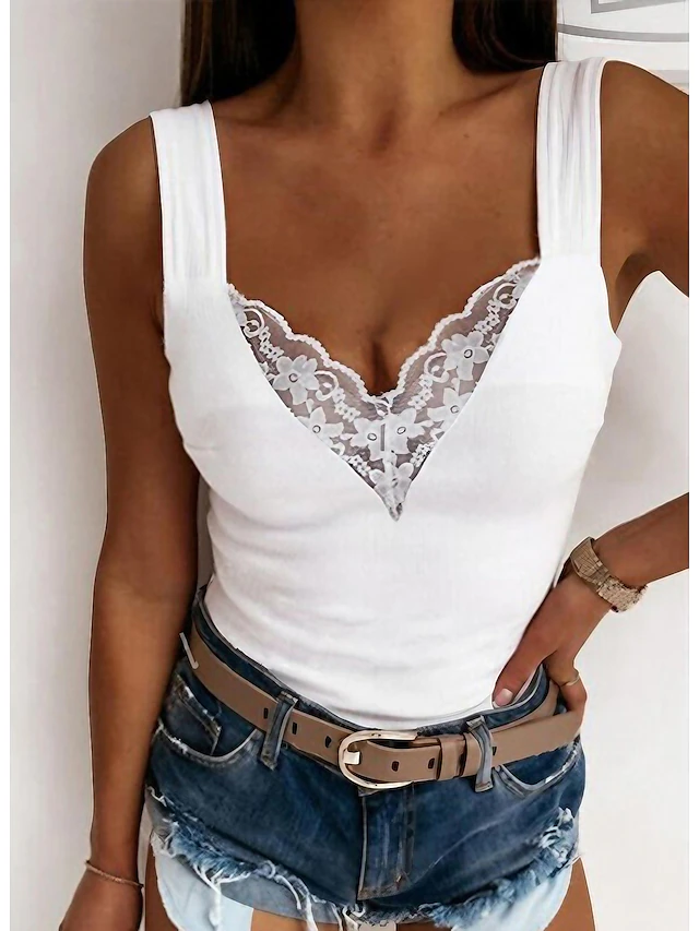 Women's Camisole Tank Top Going Out Tops Camis Concert Tops Black White Blue Plain Patchwork Lace Trims Sleeveless Party Daily Basic Sexy Sweetheart Regular S 6