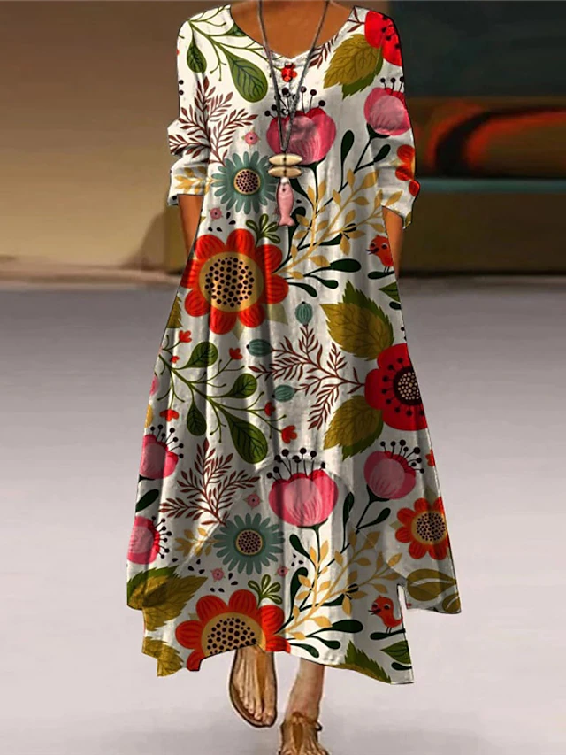 Women's Swing Dress Animal Floral Print Button V Neck Maxi long Dress ...