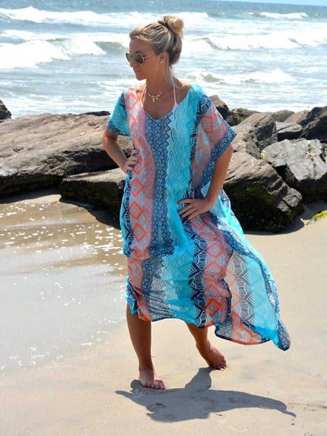 Womens Clothing Womens Swimwear | Womens Swimwear Cover Up Beach Dress Normal Swimsuit Oversized Print Blue Bathing Suits New Pa