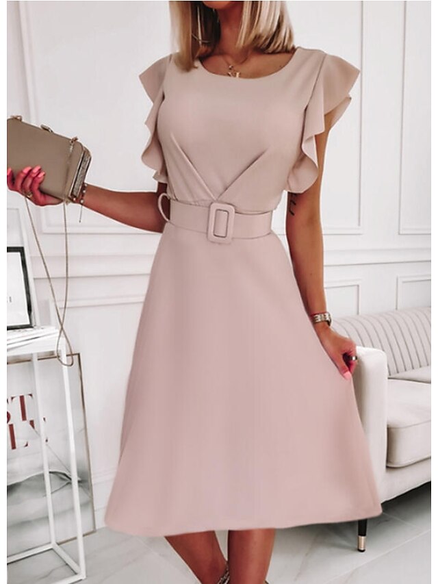 Women's Work Dress Midi Dress Pink Sleeveless Pure Color Ruched Spring Summer Crew Neck Casual