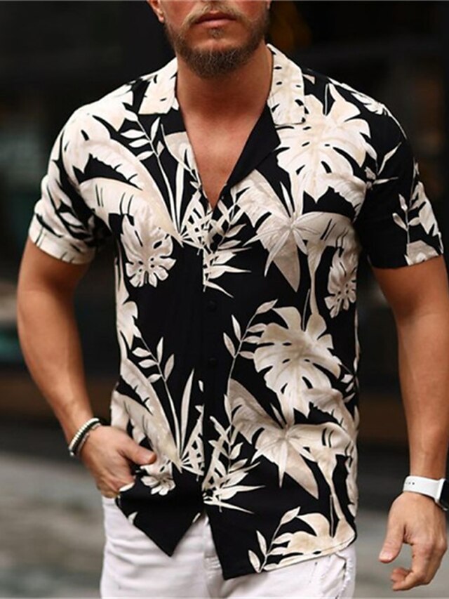  Men's Summer Hawaiian Shirt Shirt Print Floral Aloha Turndown Casual Daily Button-Down Print Short Sleeve Tops Designer Casual Fashion Light Yellow Black / White Pink