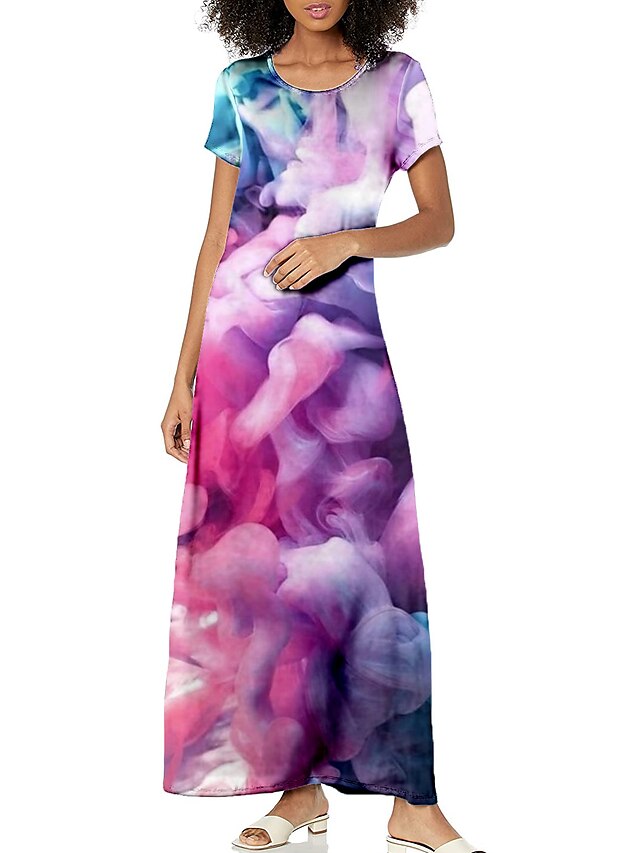 Womens Clothing Womens Dresses | Womens A Line Dress Maxi long Dress Green Purple Pink Short Sleeve Abstract Print Spring Summer