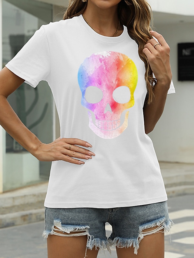 Womens Clothing Womens Tops | Womens Casual Going out T shirt Tee Graphic Skull Short Sleeve Print Round Neck Basic Tops 100% Co