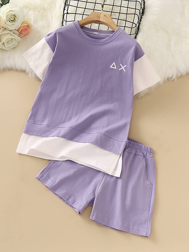 Baby & Kids Girls Clothing | Kids Girls Childrens Day T-shirt & Shorts Shorts Set Clothing Set 2 Pieces Short Sleeve Purple Pink