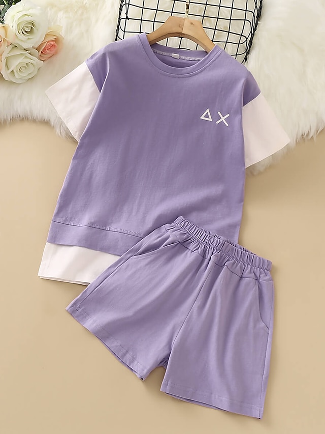 Baby & Kids Girls Clothing | Kids Girls Childrens Day T-shirt & Shorts Shorts Set Clothing Set 2 Pieces Short Sleeve Purple Pink