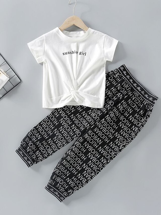 Baby & Kids Girls Clothing | Kids Girls T-shirt & Pants Clothing Set 2 Pieces Short Sleeve White Letter Print Vacation Casual Da