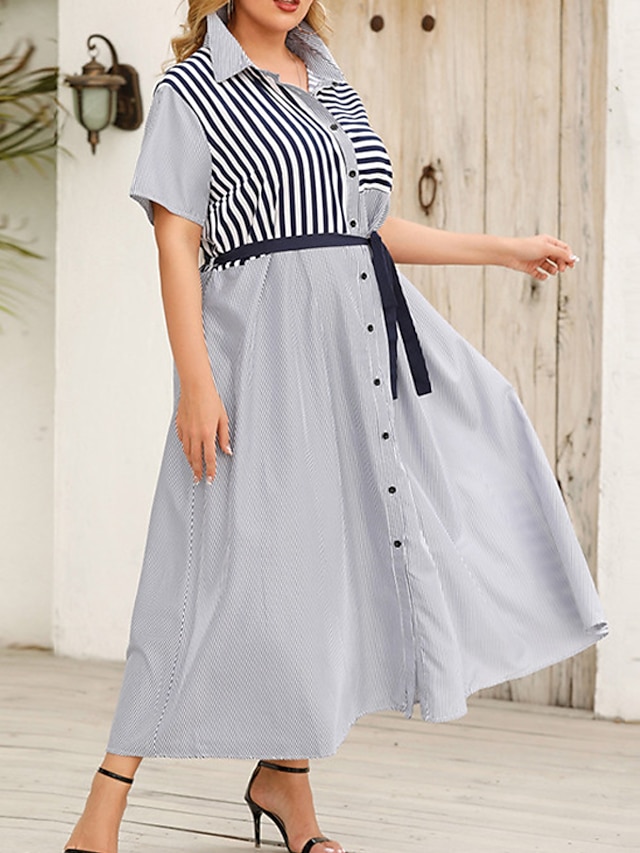 Womens Clothing Plus Size Collection | Womens Plus Size A Line Dress Striped Shirt Collar Print Short Sleeve Spring Summer Work 