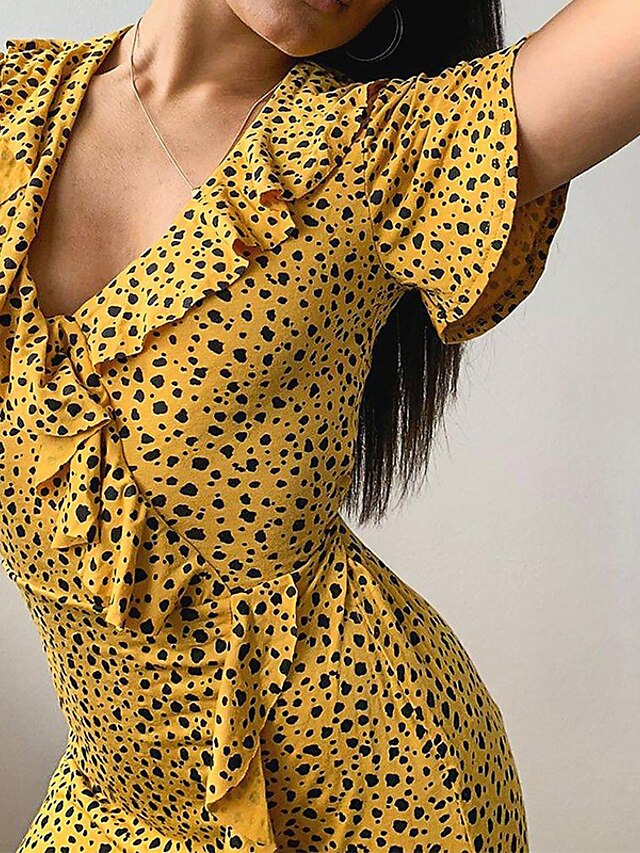 Womens Clothing Womens Dresses | Womens A Line Dress Short Mini Dress White Black Red Yellow Short Sleeve Polka Dot Chiffon Ruff