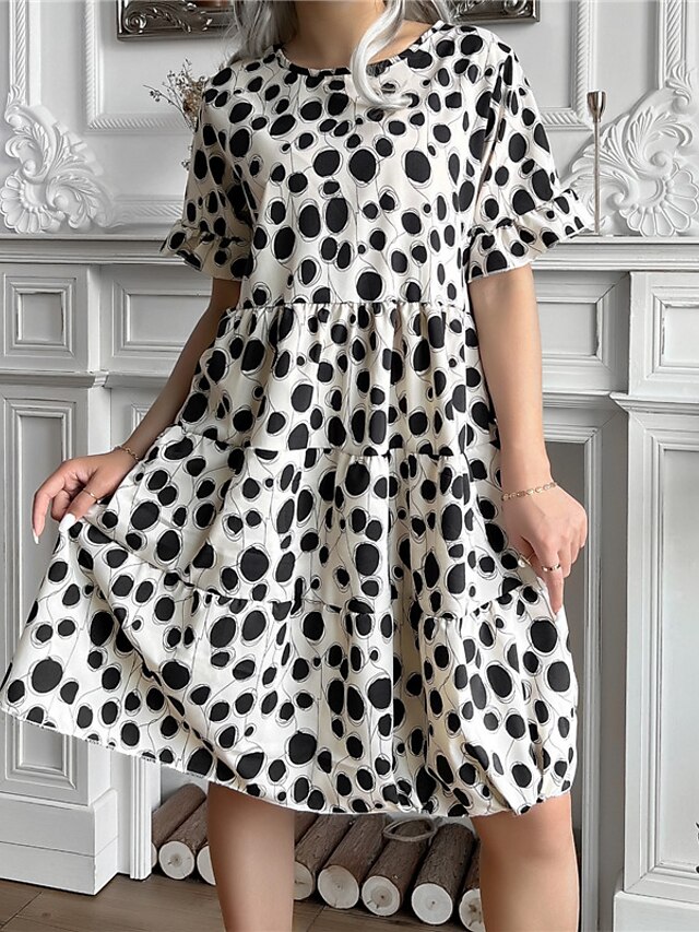 Womens Clothing Womens Dresses | Womens Shift Dress Short Mini Dress Black Short Sleeve Polka Dot Print Spring Summer Round Neck