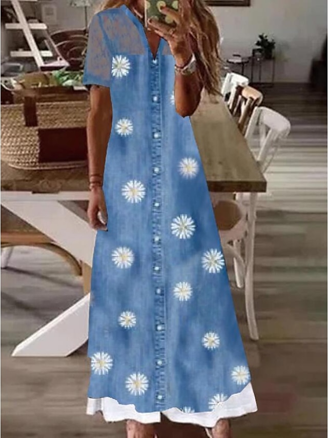 Womens Clothing Womens Dresses | Womens A Line Dress Maxi long Dress Blue Short Sleeve Floral Patchwork Spring Summer V Neck Ele