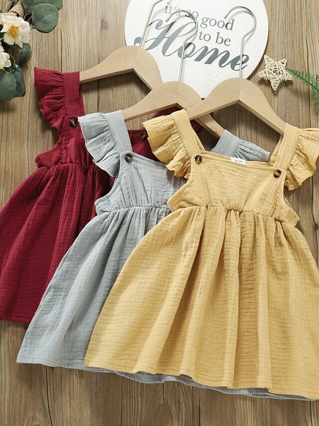 Baby & Kids Girls Clothing | Kids Little Girls Dress Solid Colored A Line Dress Daily Ruched Gray Wine Yellow Above Knee Short S