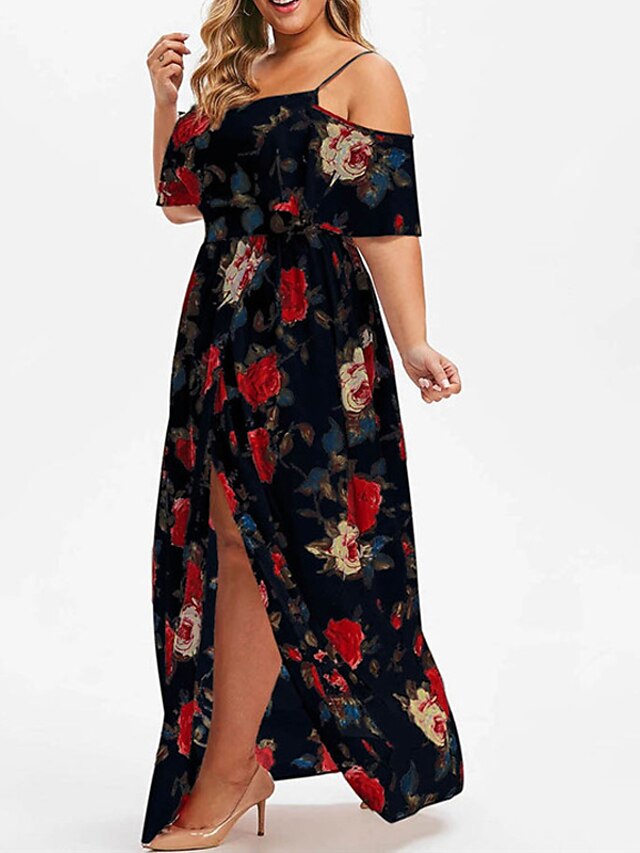 Womens Clothing Plus Size Collection | Womens Plus Size A Line Dress Floral Off Shoulder Print Short Sleeve Spring Summer Sexy M