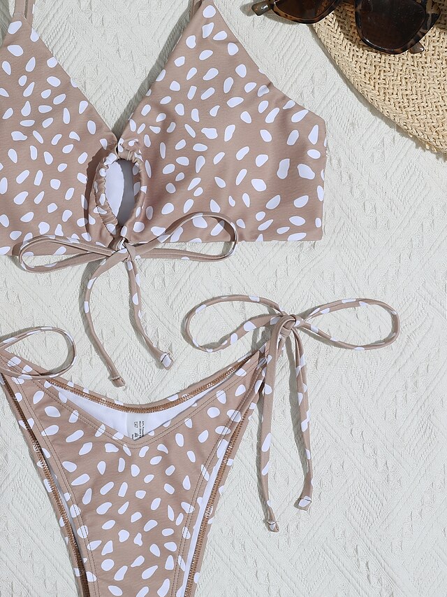 Womens Clothing Womens Swimwear | Womens Swimwear Bikini 2 Piece Normal Swimsuit 2 Piece Drawstring Hole Polka Dot Khaki Padded 