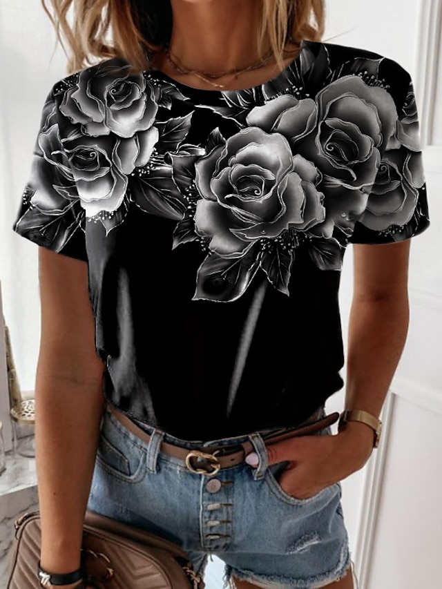  Women's T shirt Tee Black Yellow Pink Print Floral Casual Holiday Short Sleeve Round Neck Basic Regular Painting S