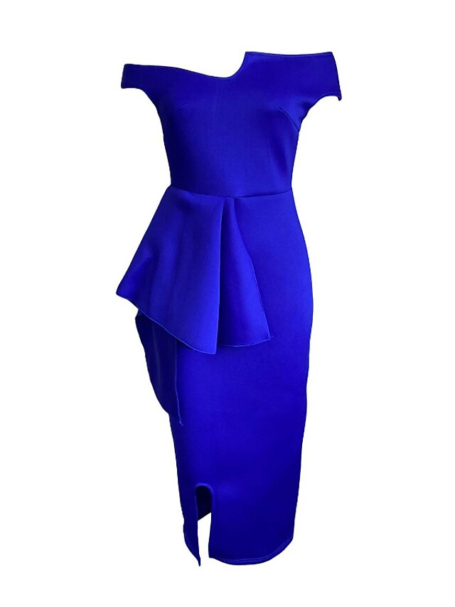 Womens Clothing Womens Dresses | Womens Sheath Dress Midi Dress Blue Wine Yellow Short Sleeve Pure Color Split Ruched Cold Shoul