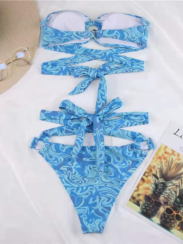 Womens Clothing Womens Swimwear | Womens Swimwear Bikini 2 Piece Normal Swimsuit Open Back Cut Out Printing Gradient Color Blue 