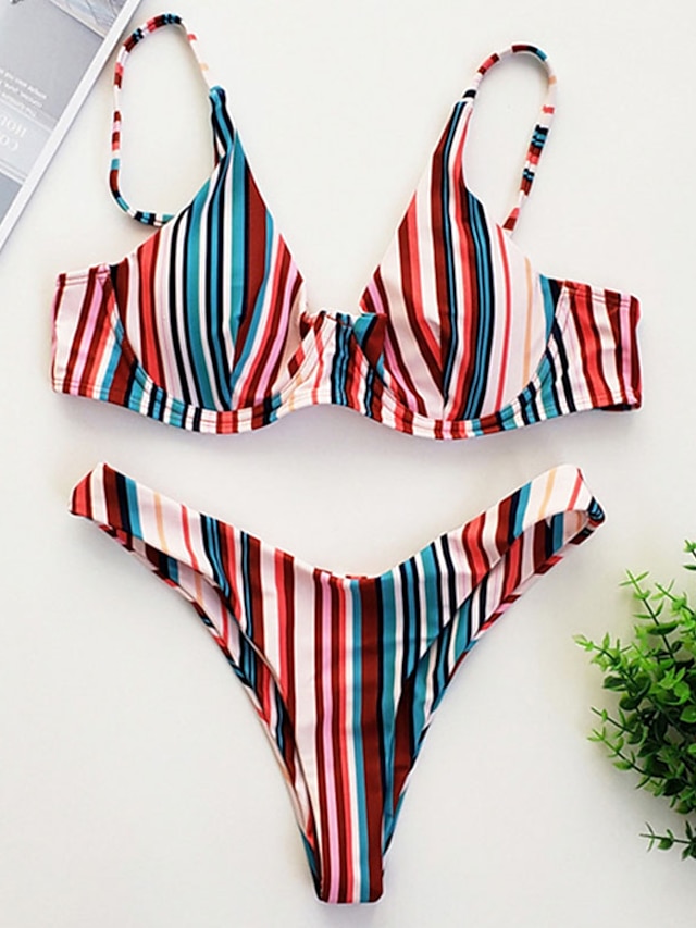 Womens Clothing Womens Swimwear | Womens Swimwear Bikini 2 Piece Normal Swimsuit Backless High Waist Printing string Stripe Red 