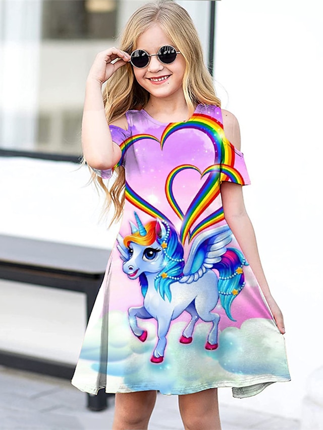  Girls' A Line Dress Short Sleeve Animal Rainbow Unicorn 3D Printed Graphic Dresses Cute Casual Sweet Above Knee Polyester Dress Summer Spring Kids Daily Holiday Vacation Regular Fit Print