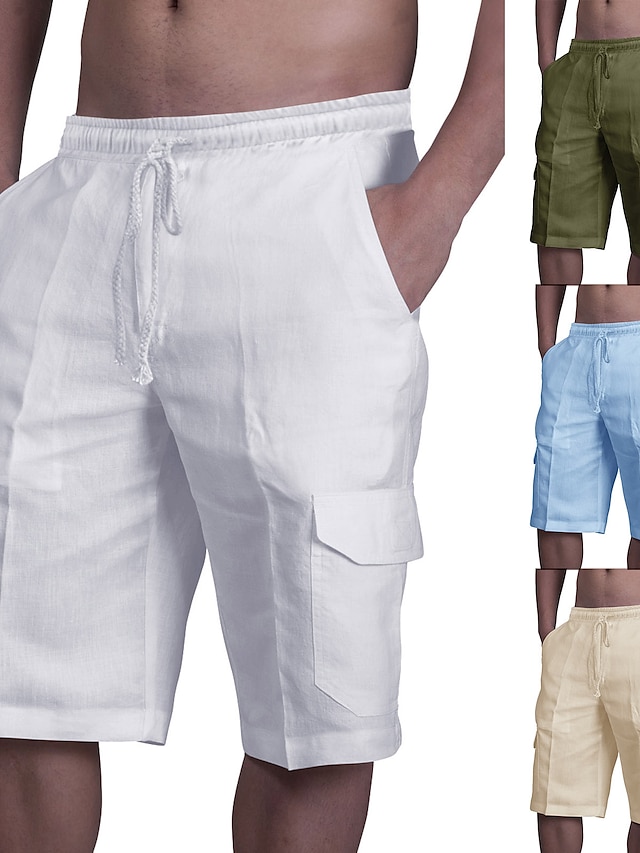  Men's Shorts Beach Shorts Multi Pocket Elastic Drawstring Design Casual Hawaiian Dailywear Beach Inelastic Solid Color Mid Waist White Black Blue M L XL