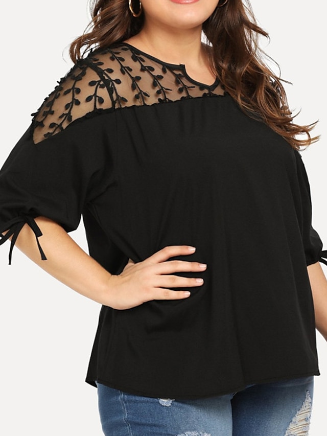 Womens Clothing Plus Size Collection | Womens Plus Size Tops T shirt Plain Lace 3/4 Length Sleeve V Neck Basic Streetwear Daily 