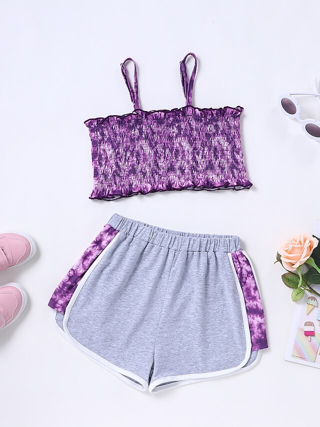 Baby & Kids Girls Clothing | Kids Girls Tank & Shorts Clothing Set 2 Pieces Sleeveless Blue Purple Wine Polka Dot Leopard Street