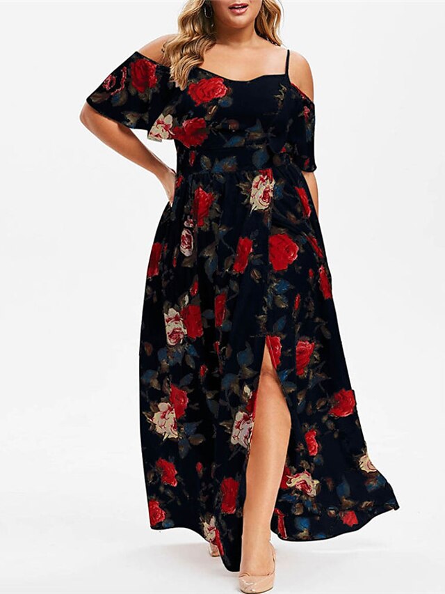 Womens Clothing Plus Size Collection | Womens Plus Size A Line Dress Floral Off Shoulder Print Short Sleeve Spring Summer Sexy M