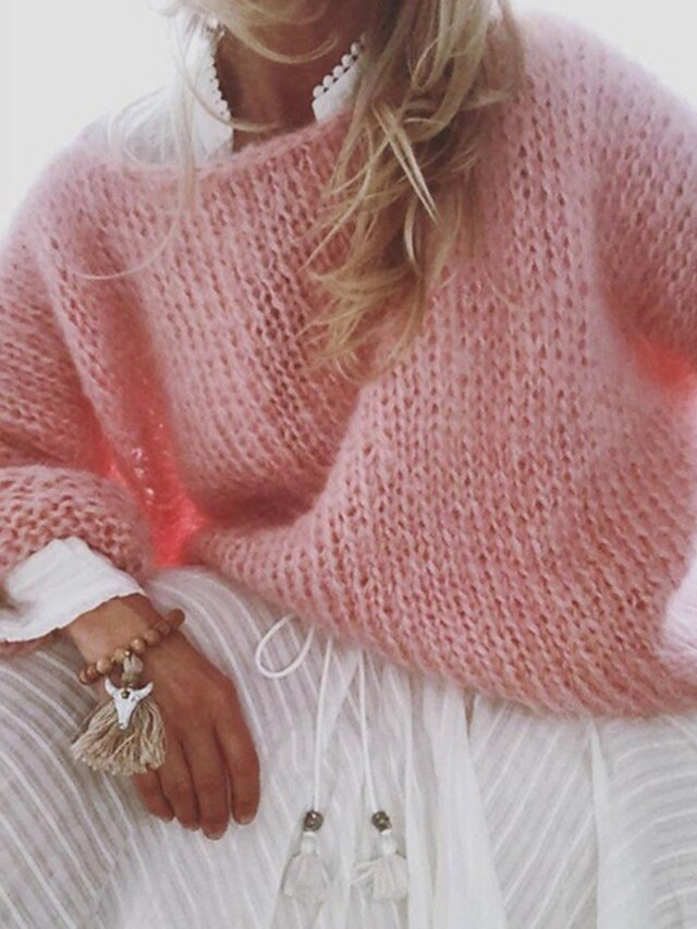 Womens Clothing Sweaters & Cardigans | Womens Pullover Jumper crochet Knit Knitted Pure Color Crew Neck Stylish Casual Daily Hol