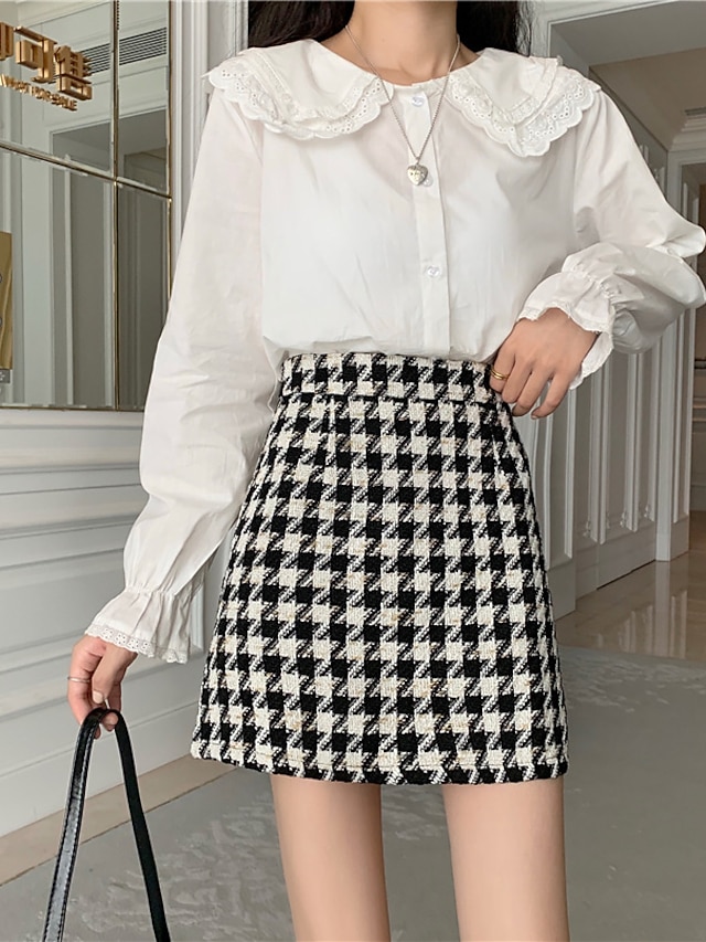 Womens Clothing Womens Bottoms | Womens Fashion Short Skirts Homecoming Weekend Houndstooth Print Black Brown S M L - CL46372