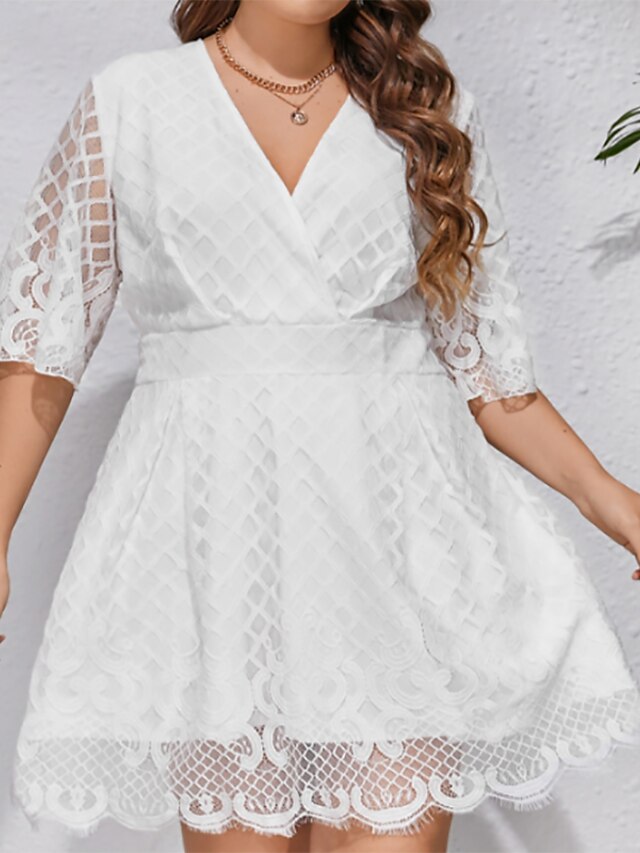 Womens Clothing Plus Size Collection | Womens Plus Size A Line Dress Solid Color V Neck Lace Short Sleeve Spring Summer Casual S