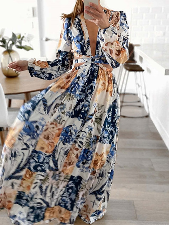 Womens Clothing Womens Dresses | Womens A Line Dress Maxi long Dress Blue Long Sleeve Floral Hollow To Waist Print Spring Summer