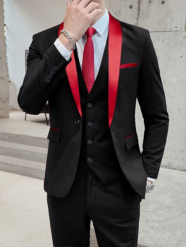  fekete piros sötétszürke férfi báli öltöny esküvői ünnepség szmoking 3 részes kendőgallér egyszínű szabványos egymellű egygombos 2024