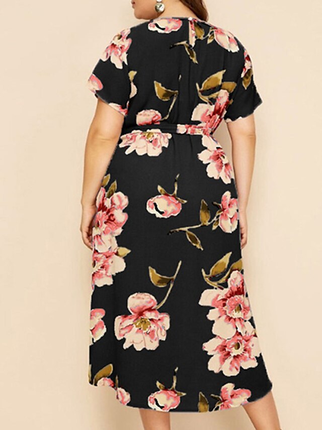 Womens Clothing Plus Size Collection | Womens Plus Size A Line Dress Floral Round Neck Print Short Sleeve Spring Summer Work Cas