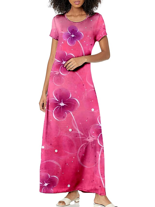 Womens Clothing Womens Dresses | Womens A Line Dress Maxi long Dress Green Pink Red Short Sleeve Floral Print Spring Summer Crew