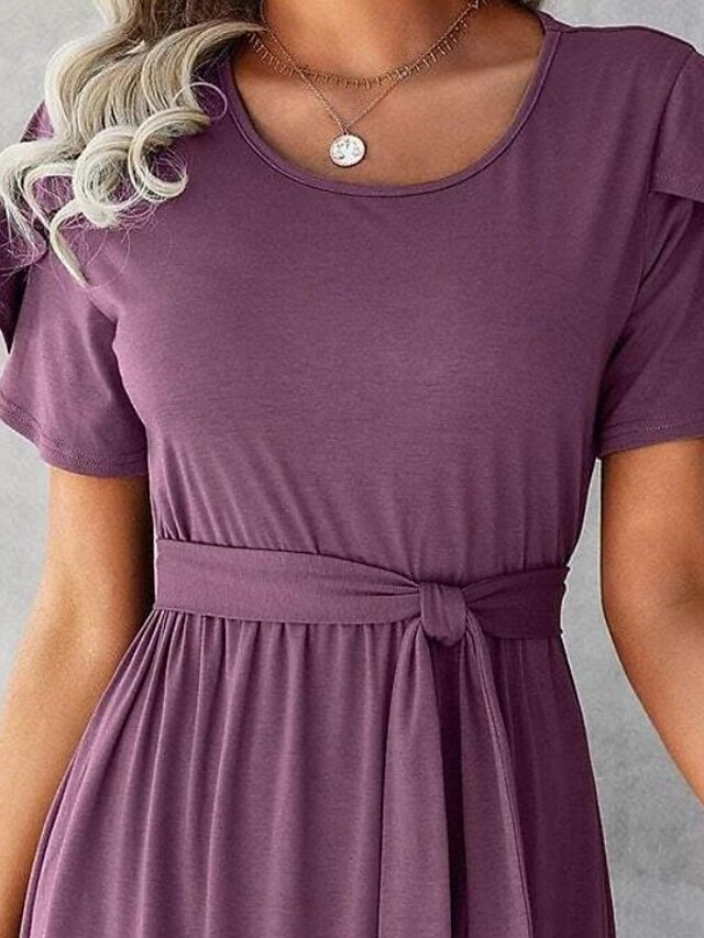 Womens Clothing Womens Dresses | Womens A Line Dress Knee Length Dress Purple Short Sleeve Solid Color Ruched Lace up Spring Sum