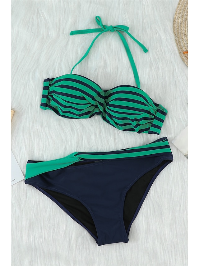 Womens Clothing Womens Swimwear | Womens Swimwear Bikini 2 Piece Normal Swimsuit Open Back Printing Striped Green Black Gray Yel