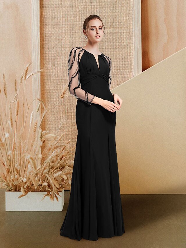  A-Line Evening Dresses Luxurious Dress Prom Floor Length Long Sleeve Jewel Neck Chiffon with Pleats Sequin 2022 / Formal Evening