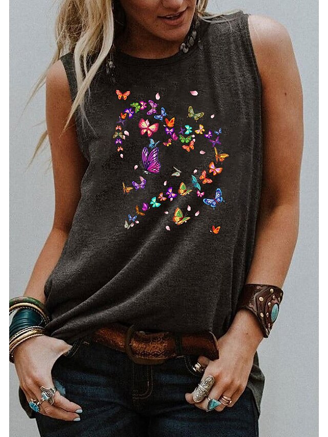 Womens Clothing Womens Tops | Womens Daily Holiday Going out Butterfly Tank Top Graphic Heart Sleeveless Print Round Neck Basic 