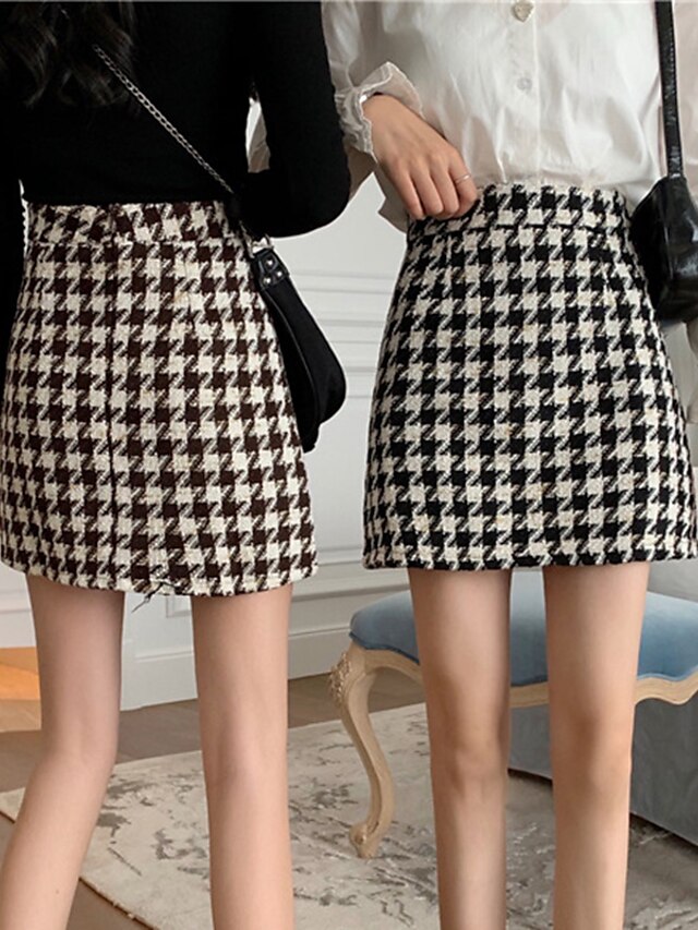 Womens Clothing Womens Bottoms | Womens Fashion Short Skirts Homecoming Weekend Houndstooth Print Black Brown S M L - CL46372