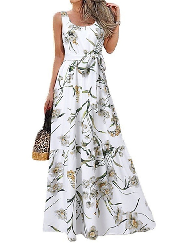 Womens Clothing Womens Dresses | Womens A Line Dress Maxi long Dress White Black Pink Red Sleeveless Floral Print Spring Summer 