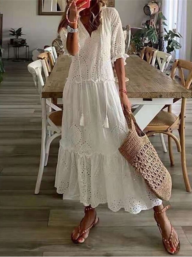 Womens Clothing Womens Dresses | Womens A Line Dress Maxi long Dress White Half Sleeve Pure Color Hollow Out Spring Summer V Nec