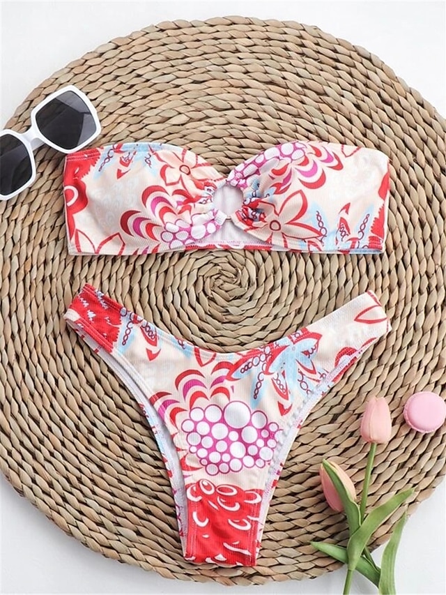 Womens Clothing Womens Swimwear | Womens Swimwear Bikini 2 Piece Normal Swimsuit Open Back Printing Floral Red Bandeau Strapless